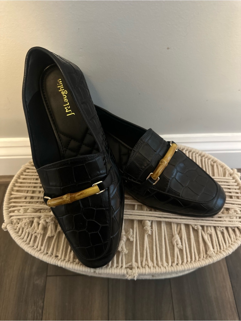 J. McLaughlin Black Croc-Embossed Leather Loafers with Gold-Tone Bar